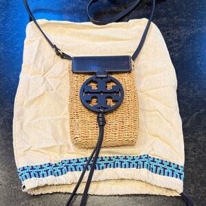 Tory Burch Woven Tan and Navy Crossbody Bag